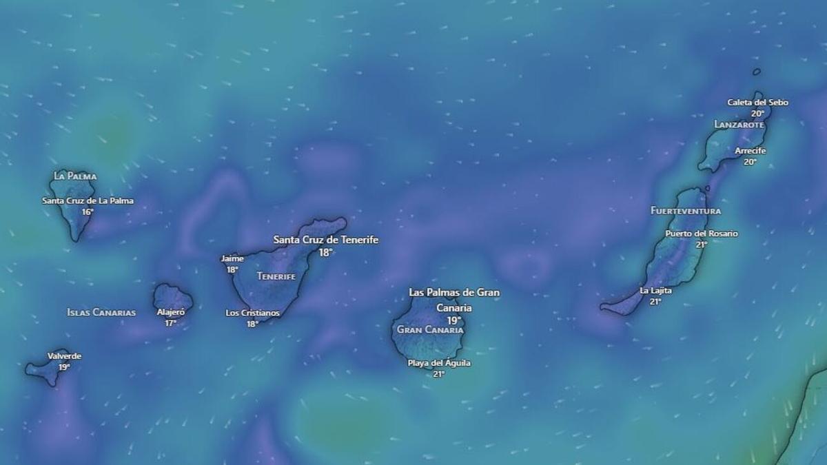 Viento previsto para las 11.00 horas del domingo 10 de mayo en Canarias, según Windy