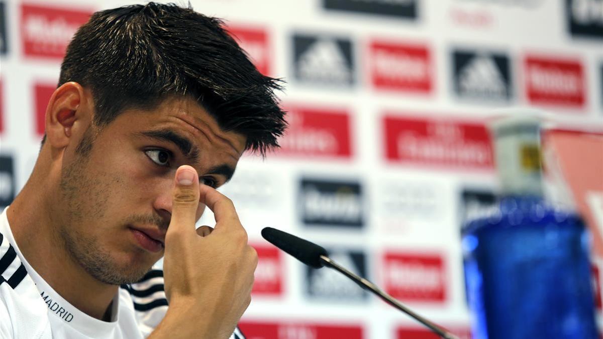 Morata, durante una rueda de prensa como jugador del Madrid