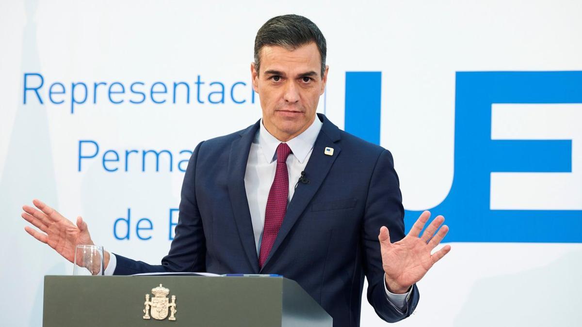 El presidente del Gobierno, Pedro Sánchez, durante la rueda de prensa posterior al Consejo Europeo, este 16 de octubre en Bruselas.