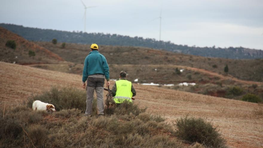 Dos cazadores, durante una batida en la provincia de Teruel.