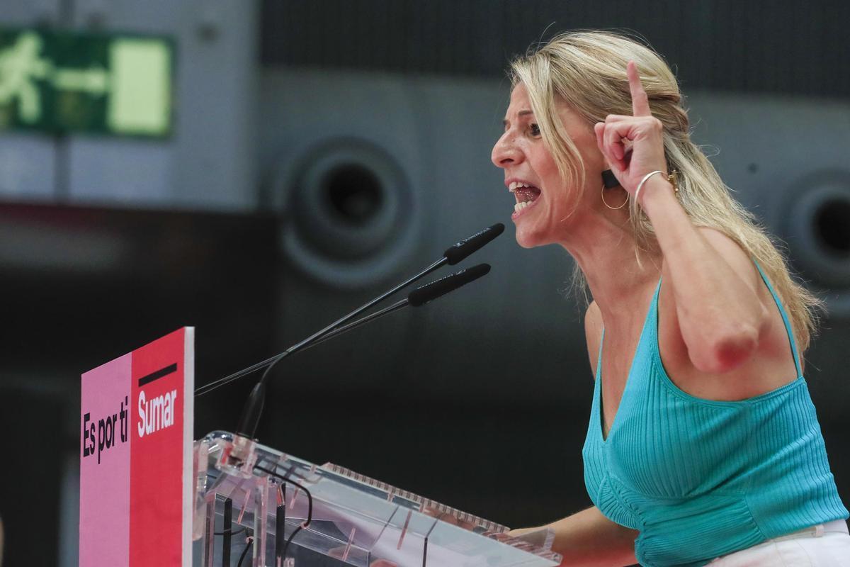 Yolanda Díaz en el mitin de Sumar este domingo en Madrid.