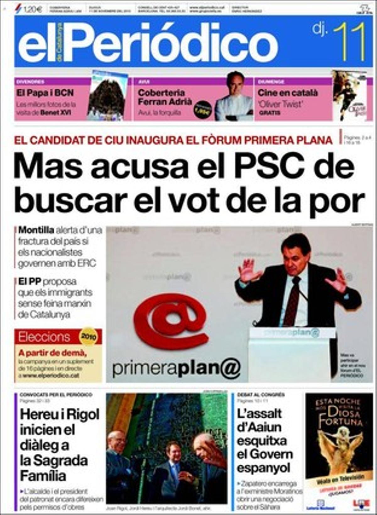 EL PERIÓDICO també destaca a les pàgines interiors que CiU anul·larà el codi ètic dels Mossos si arriba a la Generalitat i que els sindicats acusen Saura d’actuar amb fins electorals; que la Conselleria d’Educació rectifica i restableix la jornada intensiva del juny, que dimiteix en bloc la directiva de la Federació d’Associacions de Veïns de Barcelona; que la Síndica de Barcelona atendrà les queixes per tràmits de llicències; que el G-20 busca una sortida diplomàtica per frenar la guerra de divises; que la Generalitat abanderarà les reclamacions del cànon digital; que els ports espanyols rebaixen les taxes per la rivalitat marroquina; les victòries del Barça i del Madrid a la Copa i l’enigma del Palau: els socis blaugrana no hi van; una entrevista a Eva Mendes, i la peculiar retransmissió que Puyal va fer del Barça-Ceuta.