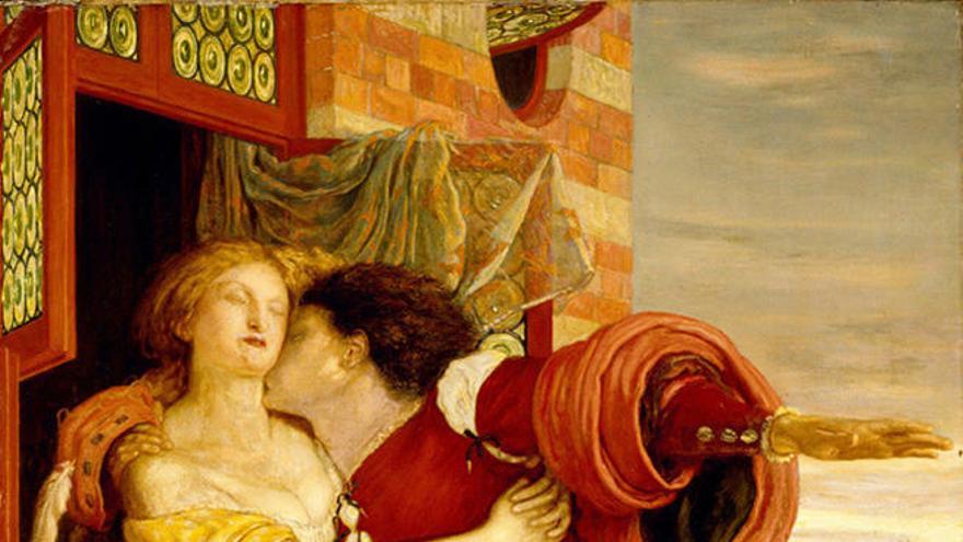 Junto a estas líneas la obra de Ford Madox Brown «Romeo y Julieta»; a la derecha, William Shakespeare.