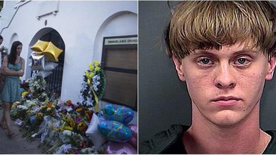 Flores en recuerdo a las víctimas. A la derecha, Dylann Roof.