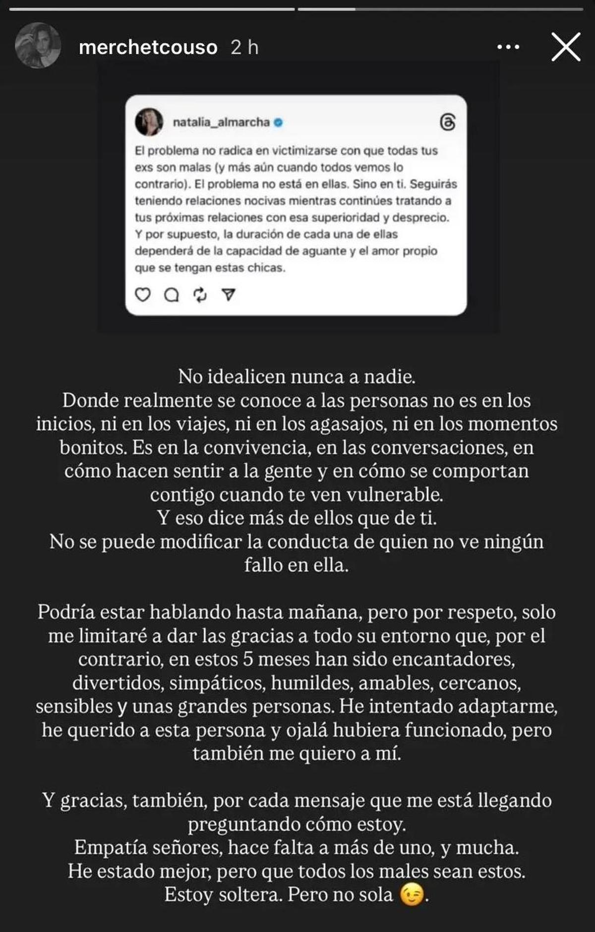 Merche Torre, compartiendo el mensaje de Threads de Natalia Almarcha por una historia de Instagram
