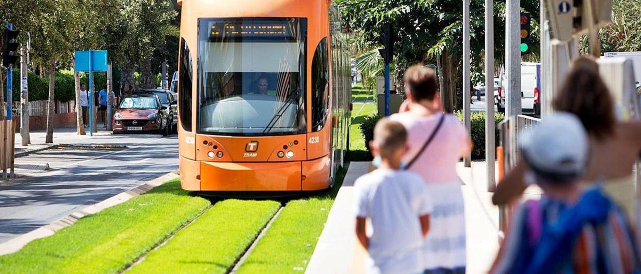 Pasajeros  del TRAM se disponen a coger un tranvía ayer en la zona de playas de Alicante.  | JOSE NAVARRO