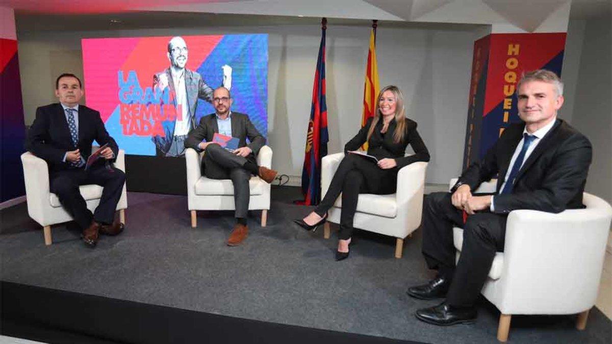 Sisco Pujol, Jordi Farré, Carla Teixidó y Josep Triadó, en la sede de 'NouImpulsBarça'