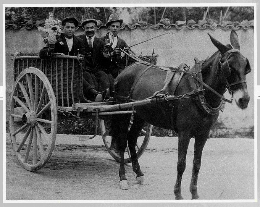 Sebastià Biscai, Jaume Marcó y Jeroni Cabrer, sobre un carro, en 1920, antes de ir a Andratx a ‘festejar’.