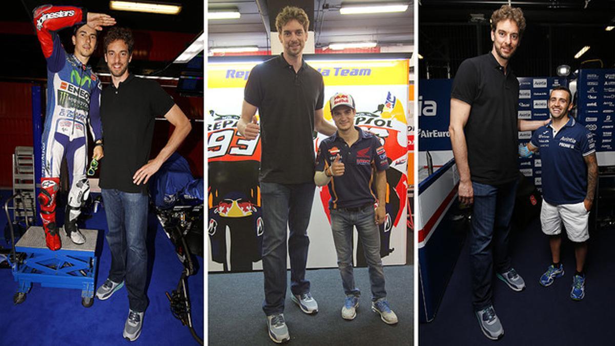 Pau Gasol posa con Jorge Lorenzo, Dani Pedrosa y Héctor Barberá en el Circuit de Catalunya