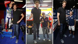 Pau Gasol posa amb Jorge Lorenzo, Dani Pedrosa i Héctor Barberá al Circuit de Catalunya.