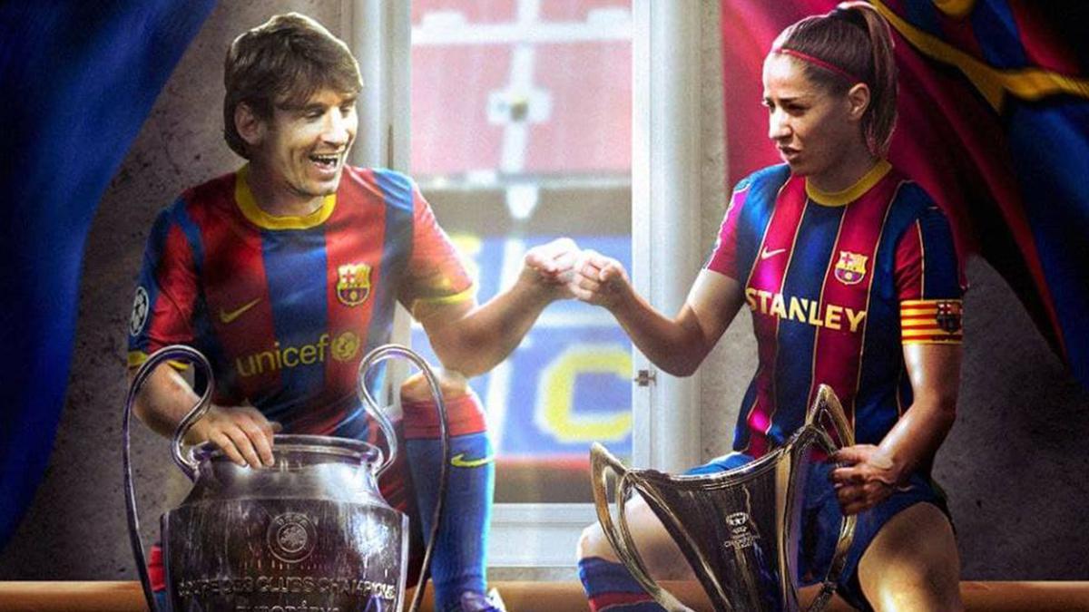 Messi y Vicky Losada junto a la Champions masculina y femenina