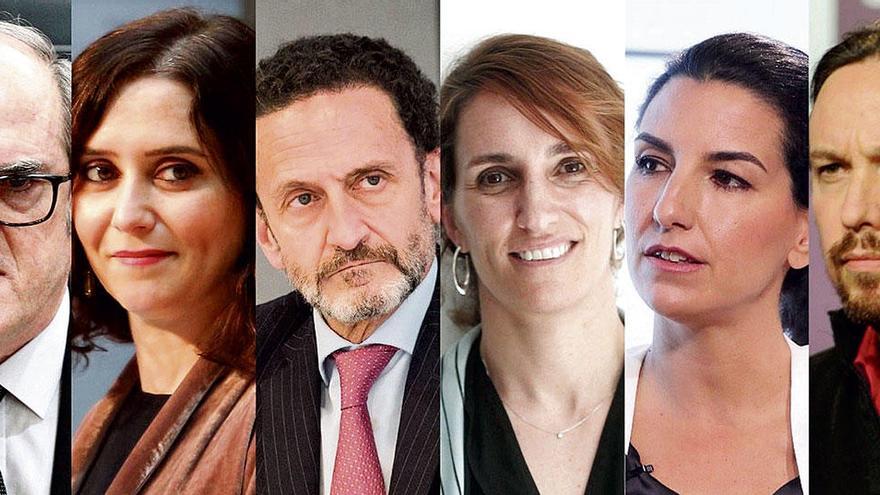 Die Spitzenkandidaten (v. li.): Gabilondo (PSOE), Díaz Ayuso (PP), Bal (C&#039;s), García (Más Madrid), Monasterio (Vox) und Iglesias (Podemos).