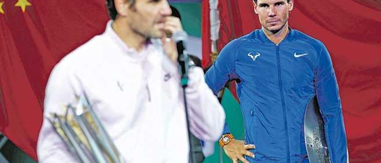 Nadal, con semblante serio, observa a Federer en la ceremonia de entrega de trofeos en Shanghái.