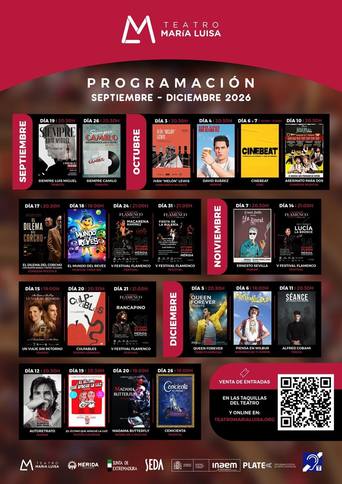 Cartel de la programación del Teatro María Luisa de Mérida para los meses de septiembre a diciembre de 2026.