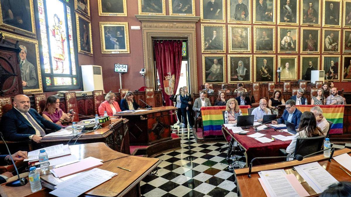 Pleno celebrado ayer, con la bandera arcoíris exhibida por la izquierda.