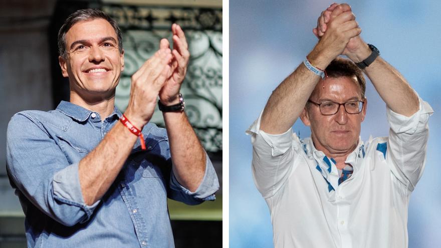 Pedro Sánchez y Alberto Núñez Feijóo en una imagen de la noche electoral