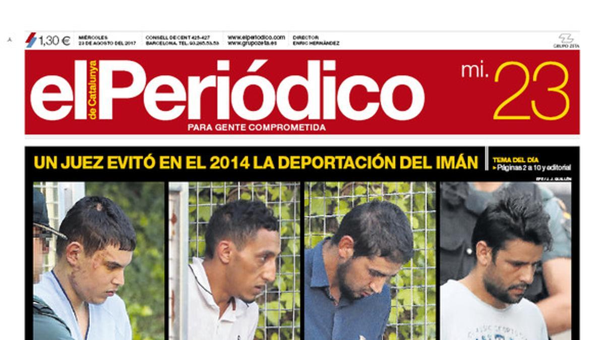 La portada de EL PERIÓDICO del miércoles, 23 de agosto del 2017.