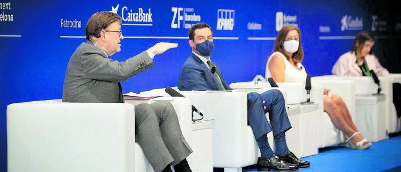 Puig, Moreno Bonilla, Armengol y la moderadora en el Cercle d’Economia de Barcelona. Feijóo intervino telemáticamente. | ZORRAKINO / E.P.