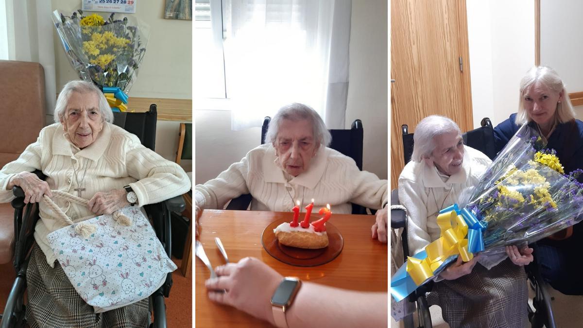 Rosario Soto, el día de su 112.º cumpleaños, con sus regalos, soplando las velas y con un ramo de flores con los colores de la bandera asturiana.