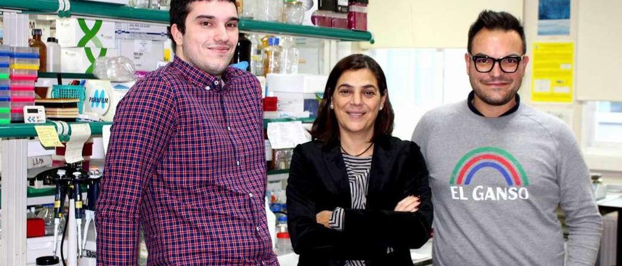 Mauro Lago, Diana Valverde, líder del grupo, y Guillermo Pousada, en el laboratorio de Genética Humana.