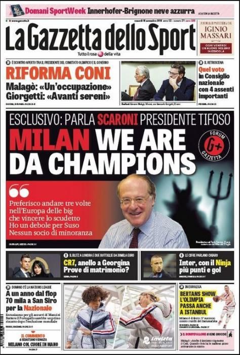 Portada GAZZETTA DELLO SPORT viernes 16 noviembre