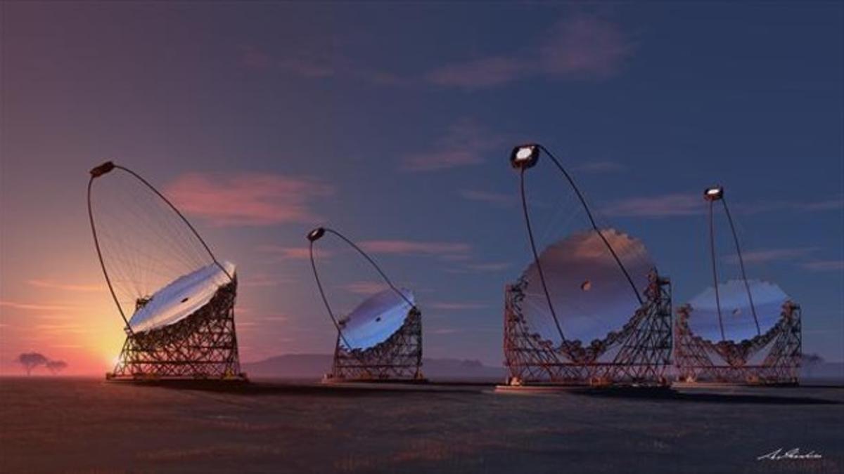 Representación artística de los cuatro telescopios gigantes propuestos para el CTA en La Palma.