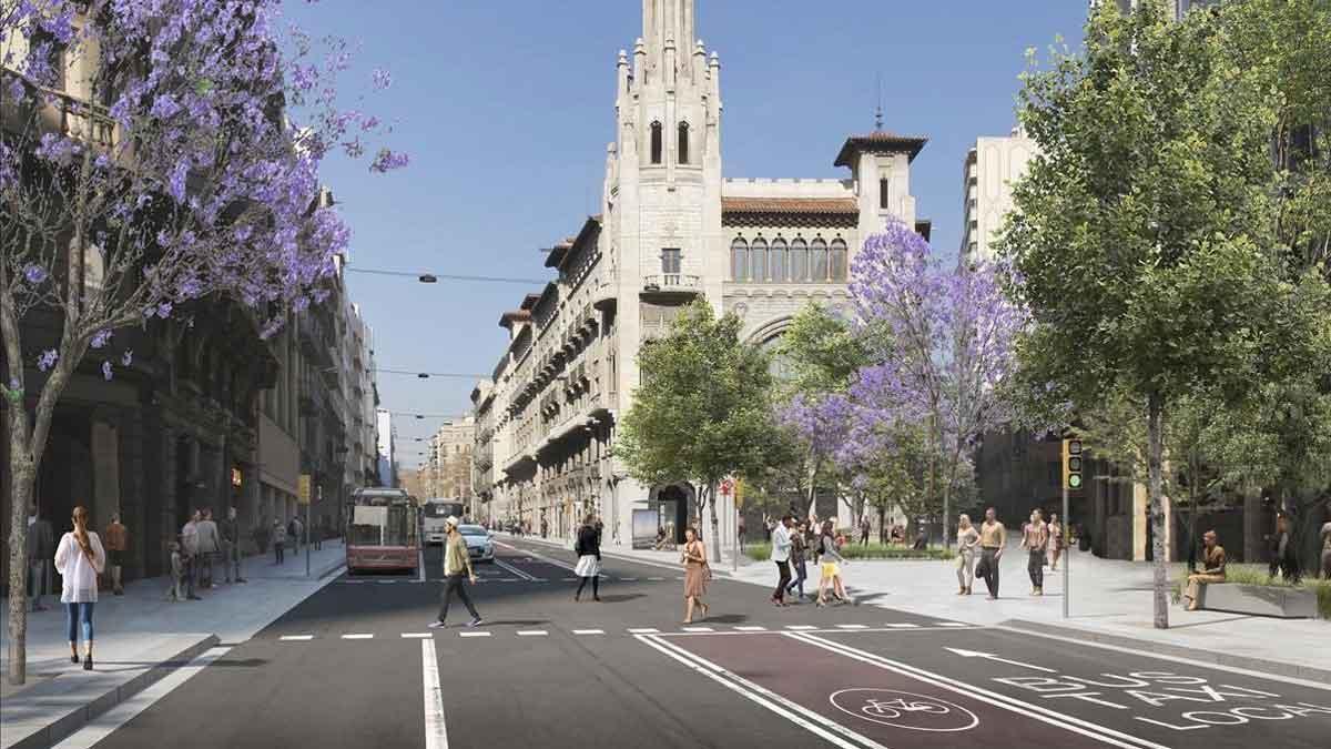 Imagen virtual de la Via Laietana después de la reforma, con la nueva distribución de carriles y la calle de Jonqueres pacificada. En el vídeo, Janet Sanz, teniente de alcalde de Ecología, Urbanismo, Infraestructuras y Movilidad, explica la reforma de la calle.