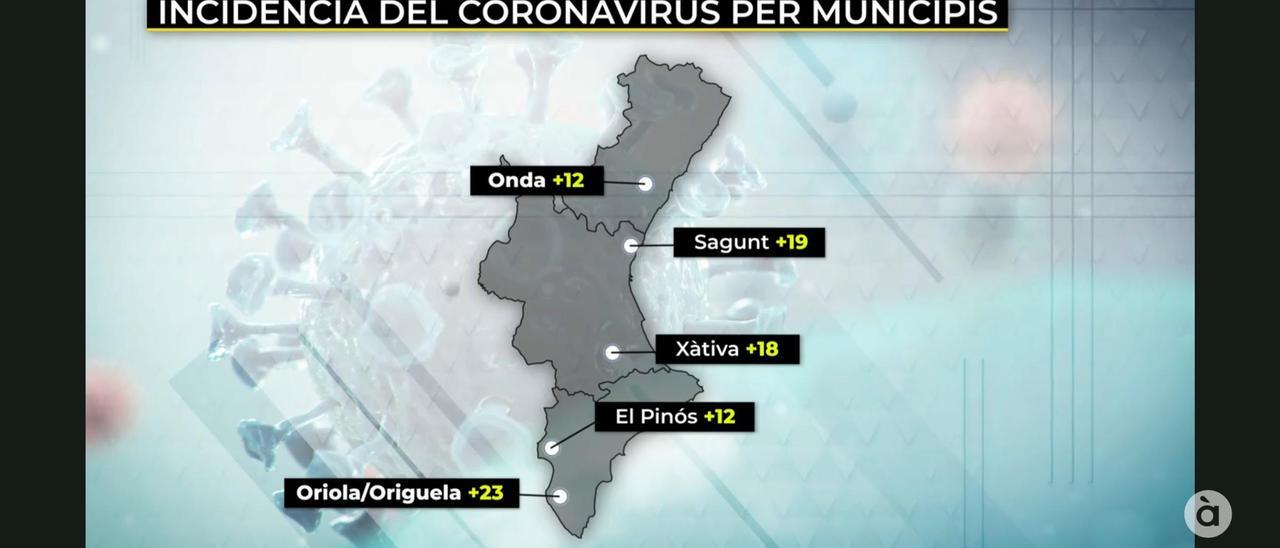 Infografía que los espectadores han podido ver en el informativo de À Punt con el erróneo nombre de &quot;Origuela&quot;