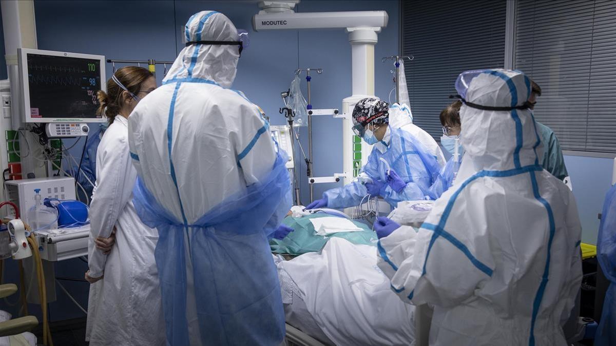 Sanitarios atienden a un paciente en la uci del Hospital de Sant Pau de Barcelona.