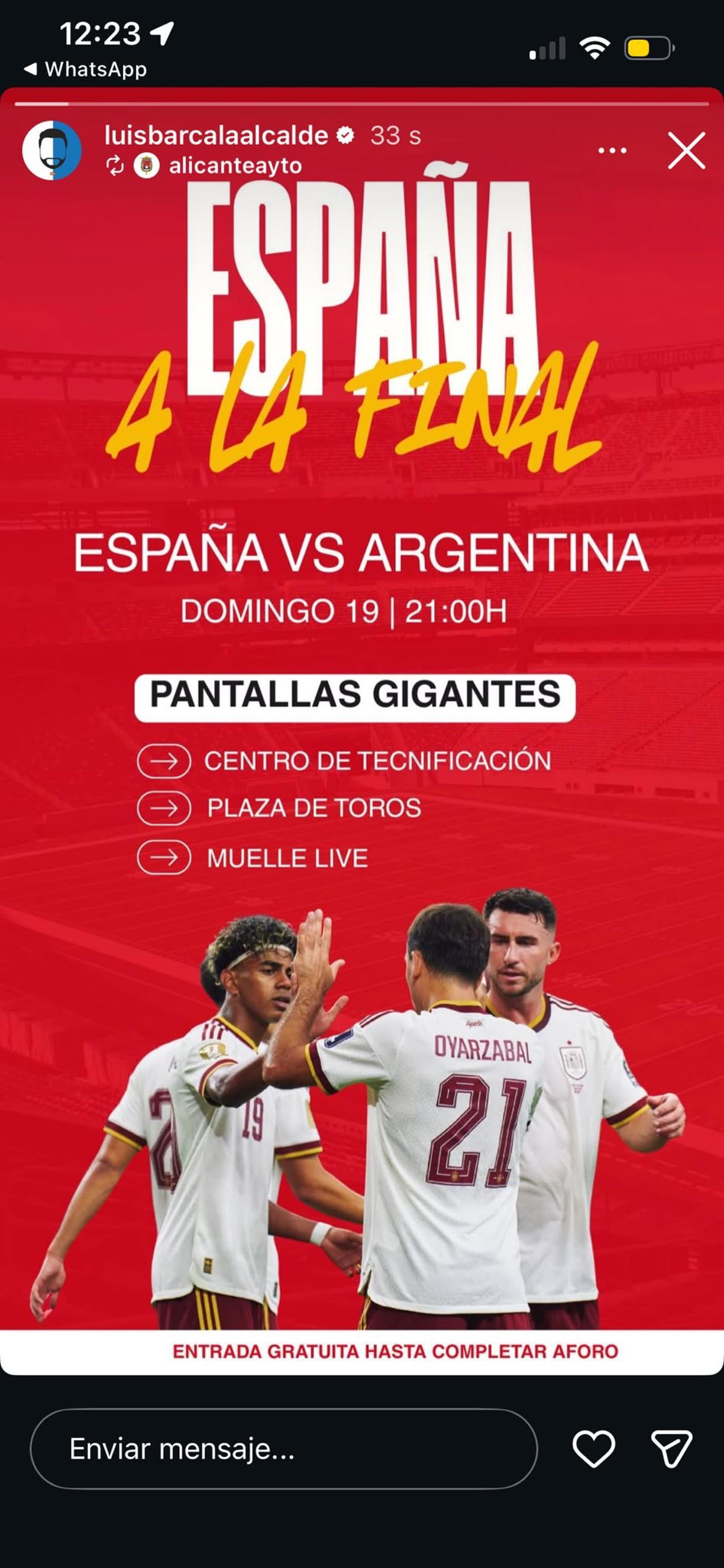 Captura del mensaje del alcalde Luis Barcala con el anuncio de las tres pantallas gigantes que habrá este domingo para ver la final en Alicante ciudad.