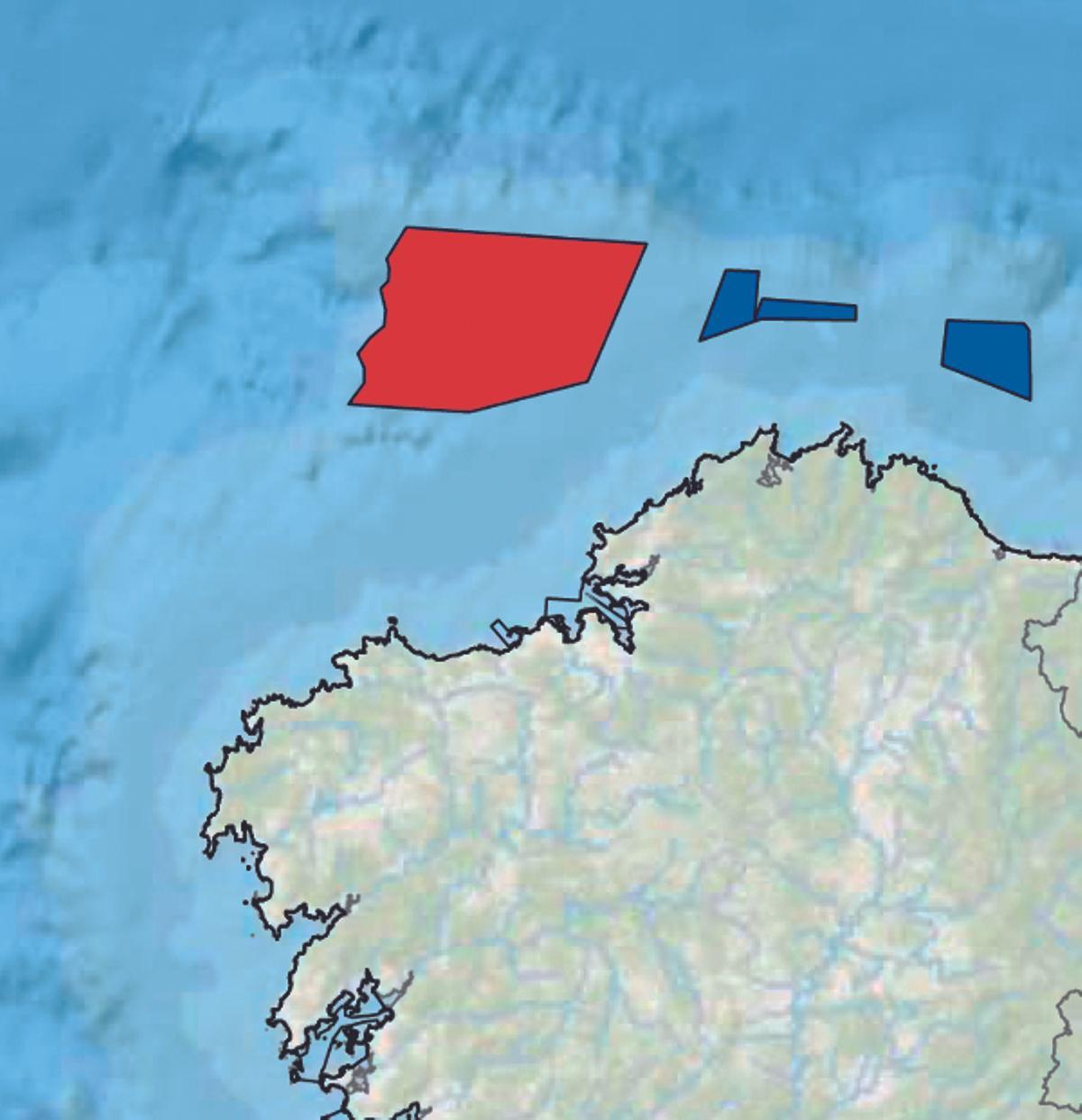 Zonas en las que el Gobierno planea permitir eólica marina al norte de Galicia, con el NOR-2 marcado en rojo.