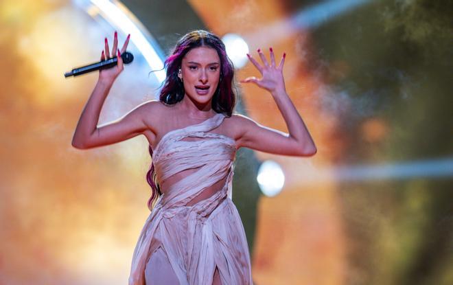 08 May 2024, Sweden, Malmo: Eden Golan from Israel performs with the song Hurricane on the stage of the Eurovision Song Contest (ESC) 2024 during rehearsals for the second semi-final at the Malmo Arena. Photo: Jens Büttner/dpa