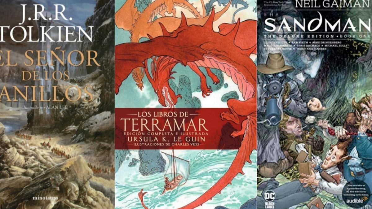 Portadas de 'El señor de los anillos', 'Los libros de Terramar ' y 'The Sandman', tres de los mejores libros de fantasía de todos los tiempos.