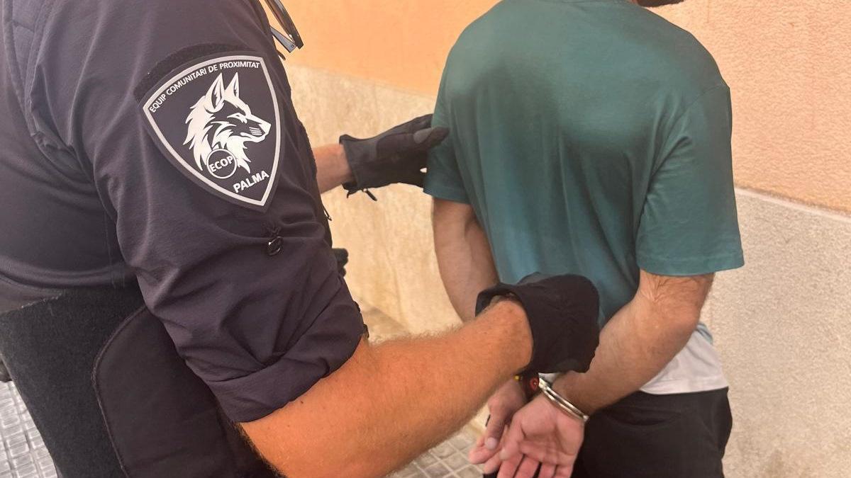 un policía local detiene a uno de los presuntos asaltantes del hamaquero en la Playa de palma.