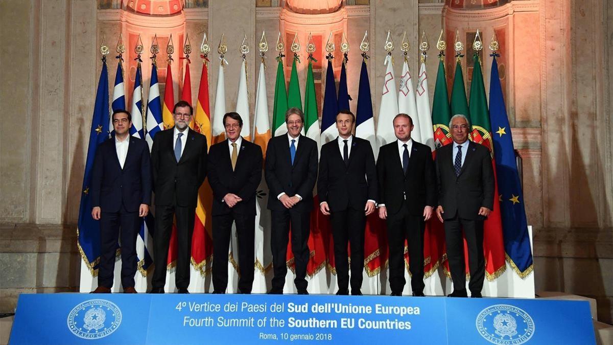 Foto de familia de los siete mandatarios del EUMed, en Roma, el 10 de enero.