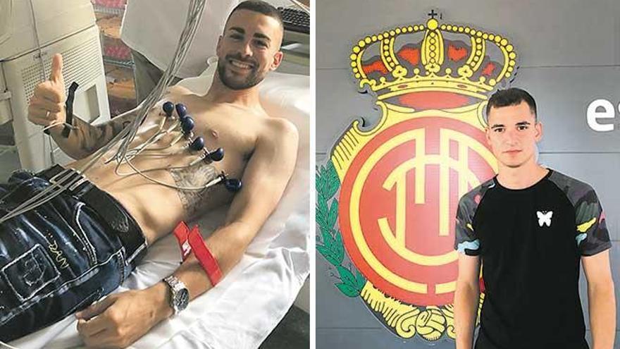 Dani Rodríguez (izquierda) pasó ayer el reconocimiento médico. Sergio Buenacasa posa ante el escudo del Mallorca.