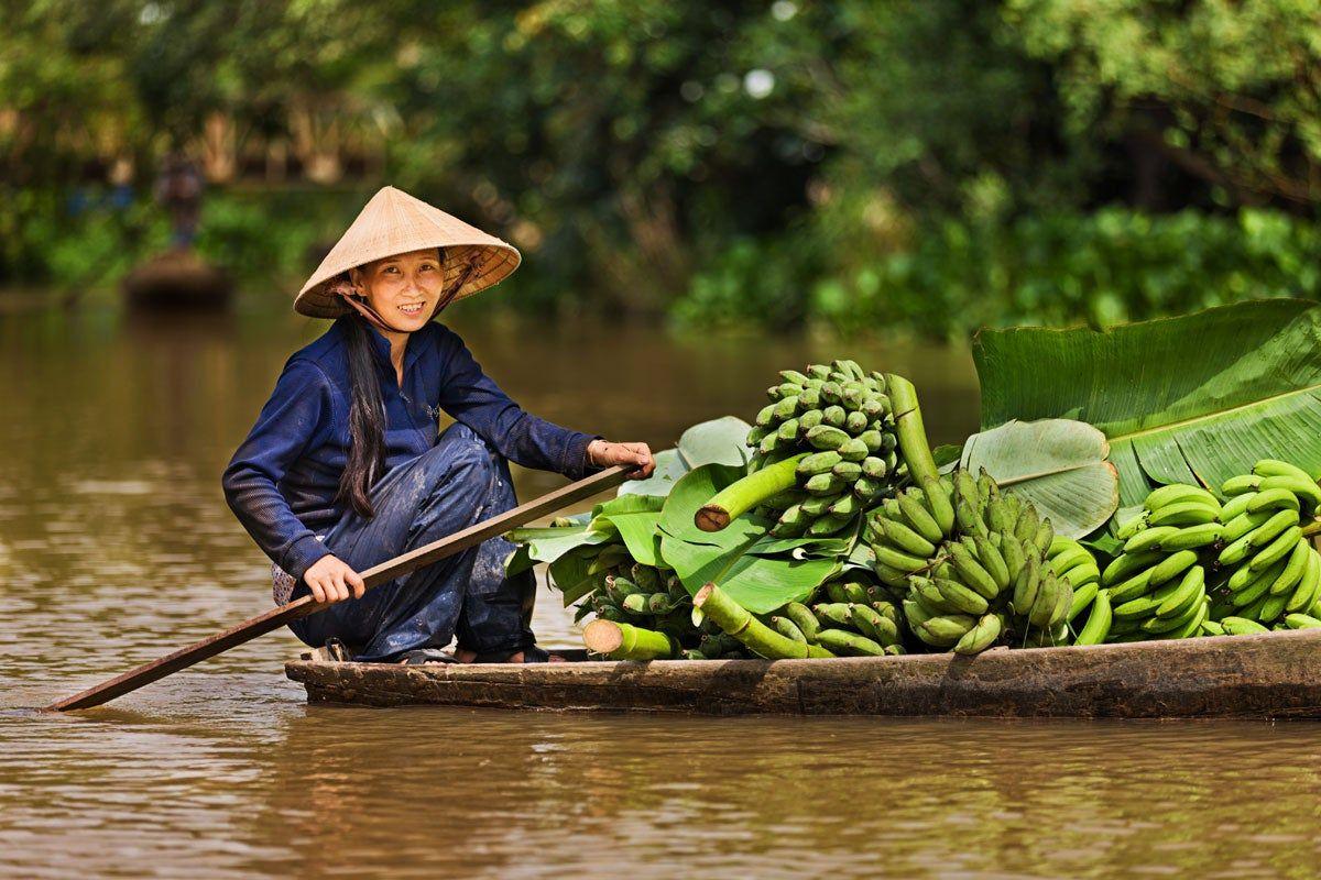 Transportando plátanos en barca por el río Mekong, en Vietnam