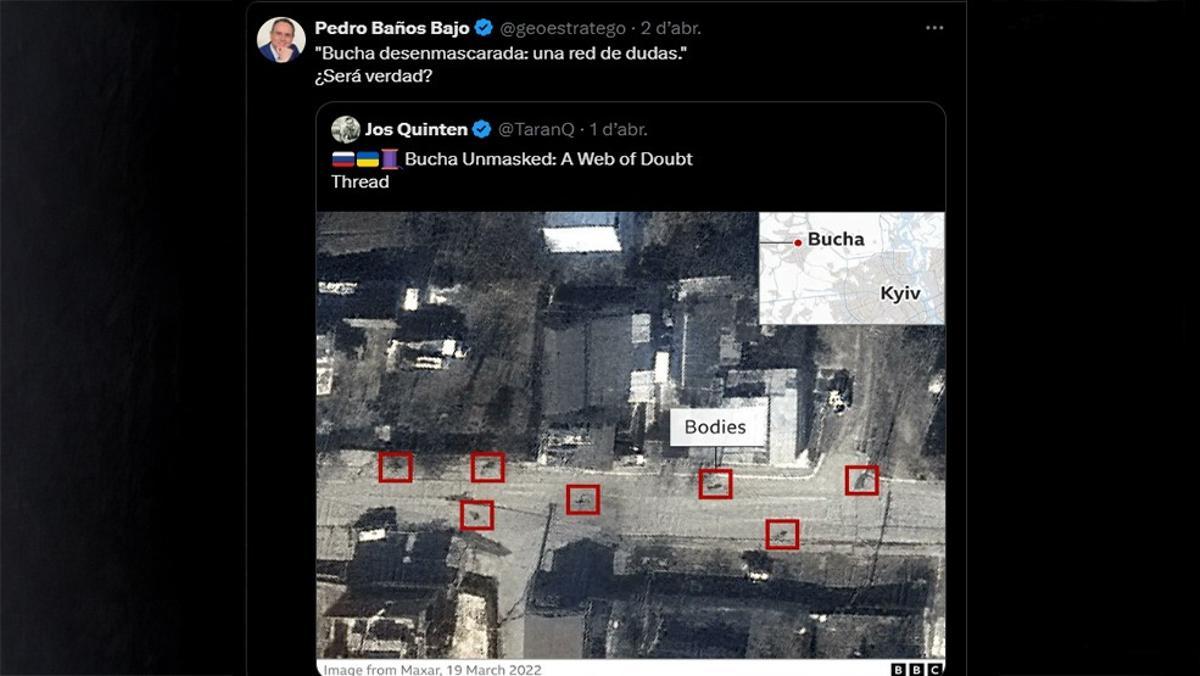 Captura de pantalla del post de Pedro Baños cuestionando la autoría rusa de la masacre de Bucha.