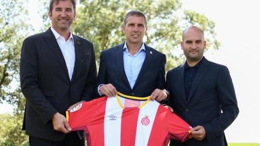 Soriano, Geli i Guardiola amb la samarreta del Girona FC.