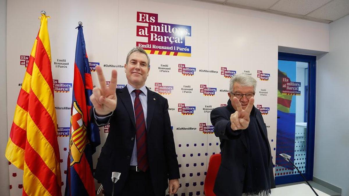 Emili Rousaud y Josep Maria Minguella hacen el gesto de la victoria