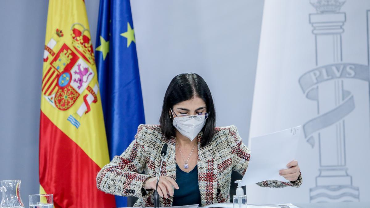 La ministra de Sanidad, Carolina Darias, en una rueda de prensa para informar de los asuntos tratados en el Consejo Interterritorial del Sistema Nacional de Salud, en la Moncloa, a 26 de enero de 2022, en Madrid (España).