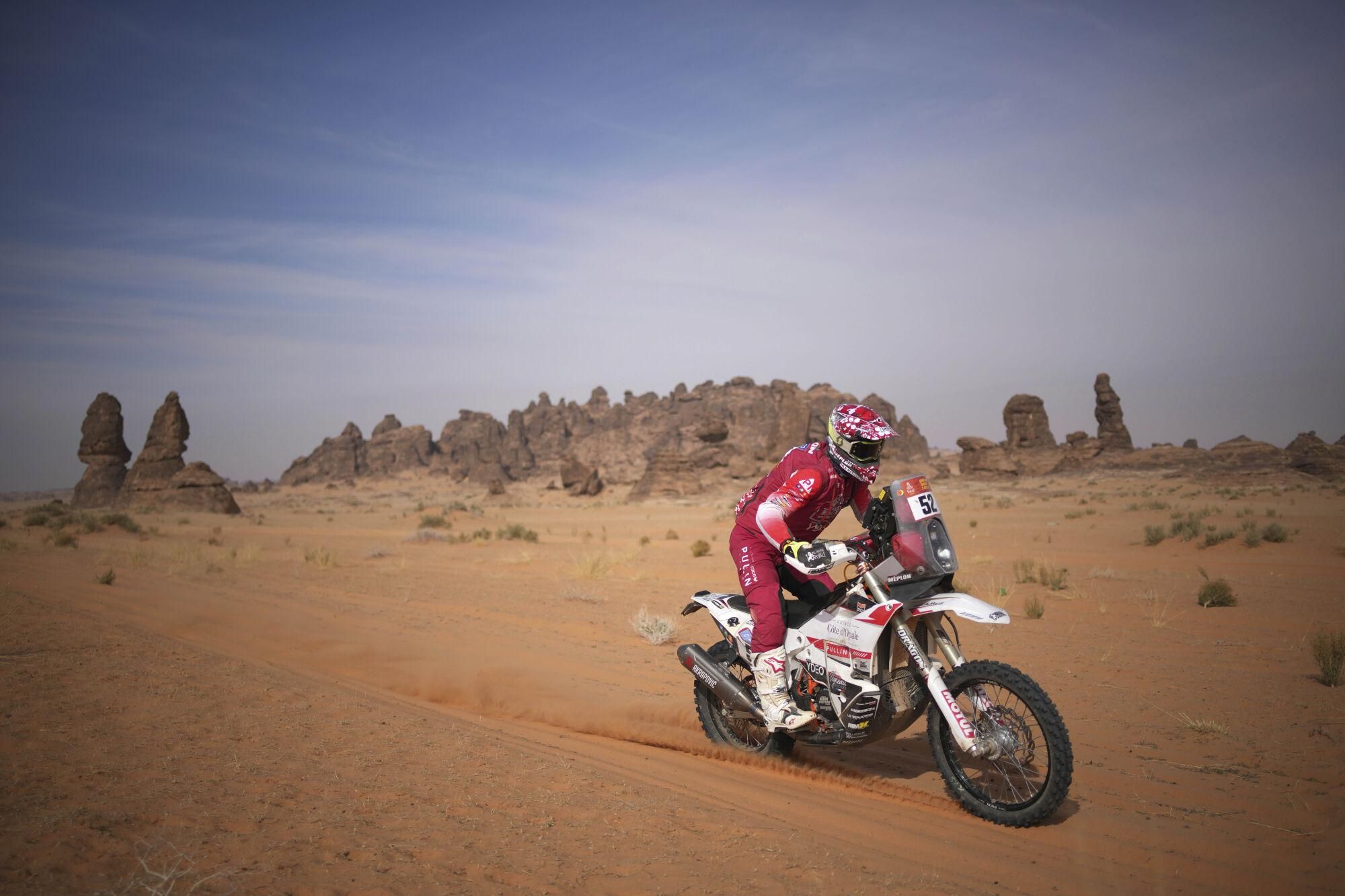 Marshall Meplon of France rides during the fifth stage of the Dakar Rally between Alula and Hail, Saudi Arabia, Thursday, Jan. 9, 2025. (AP Photo/Christophe Ena). EDITORIAL USE ONLY / ONLY ITALY AND SPAIN