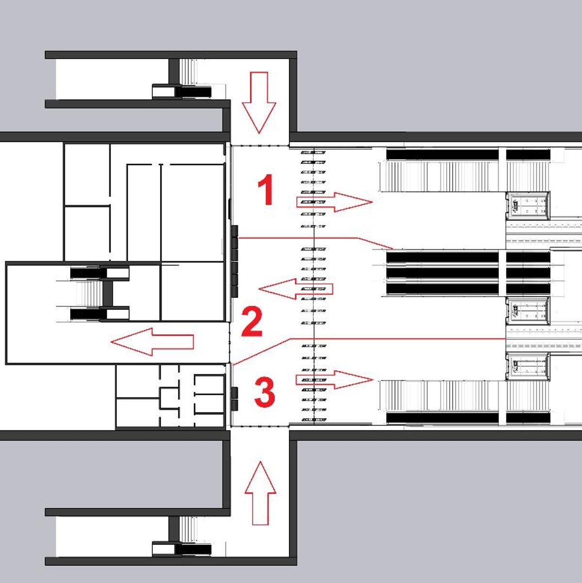 Flujos propuestos por Betis y Sevilla Quiere Metro para la estación de Heliópolis del tramo sur de la línea 3 de metro