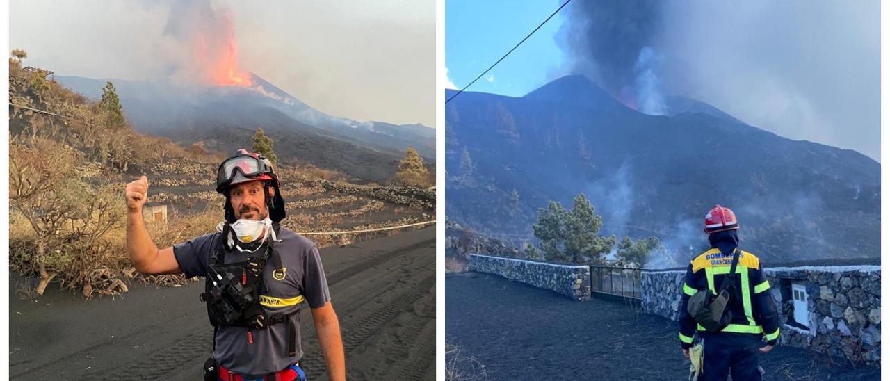 Joan Navarro, vallero y bombero profesional en Gran Canaria, frente al volcán.