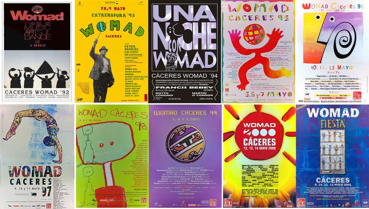 Carteles del Womad en Cáceres desde 1992 a 2010.