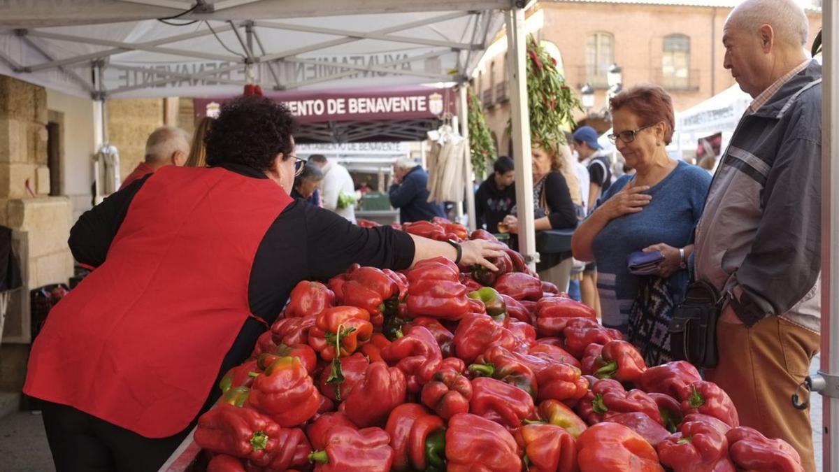 Compradores en un puesto de pimientos en la plaza Mayor benaventana. | J. A. G.