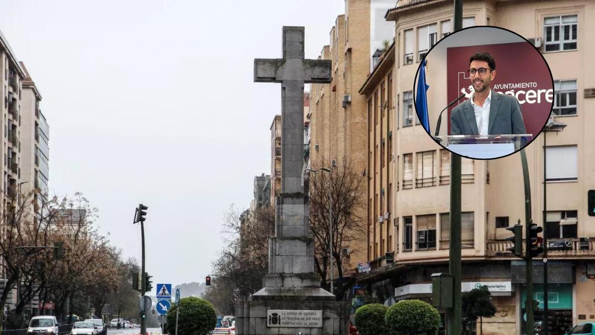 Cruz de los Caídos de Cáceres. En el círculo, el portavoz del Gobierno local, Ángel Orgaz.