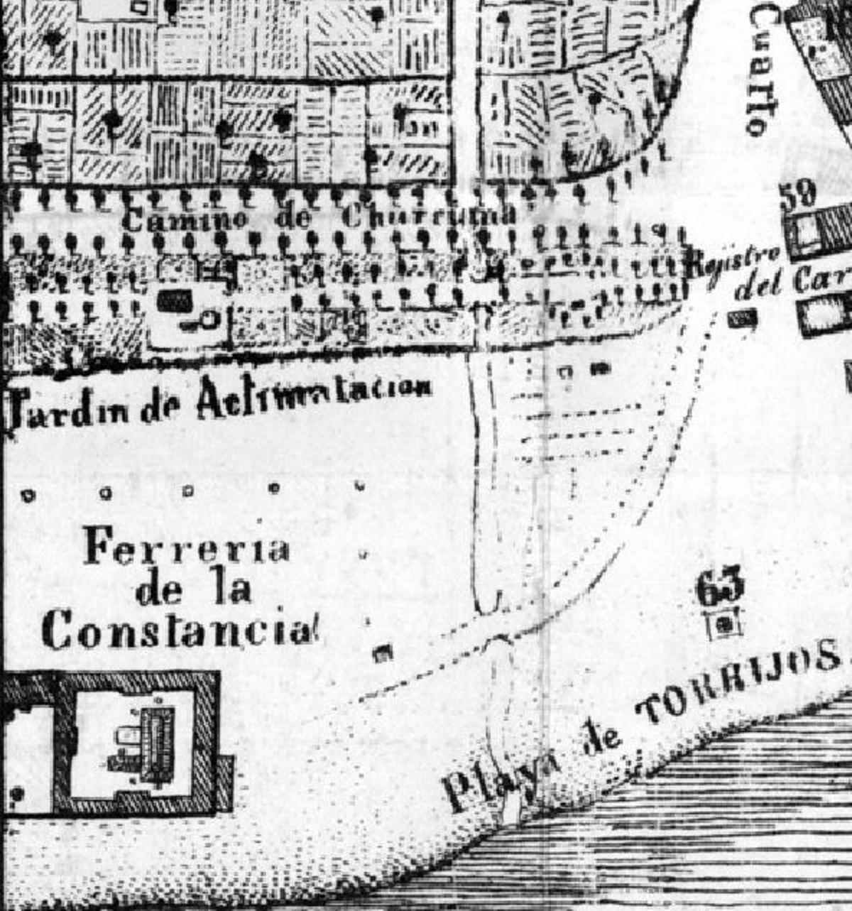 Detalle del plano de Mitjana con el jardín de aclimatación.