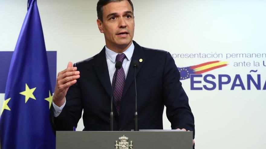 El presidente del Gobierno, Pedro Sánchez, en rueda de prensa en Bruselas al término del Consejo Europeo.
