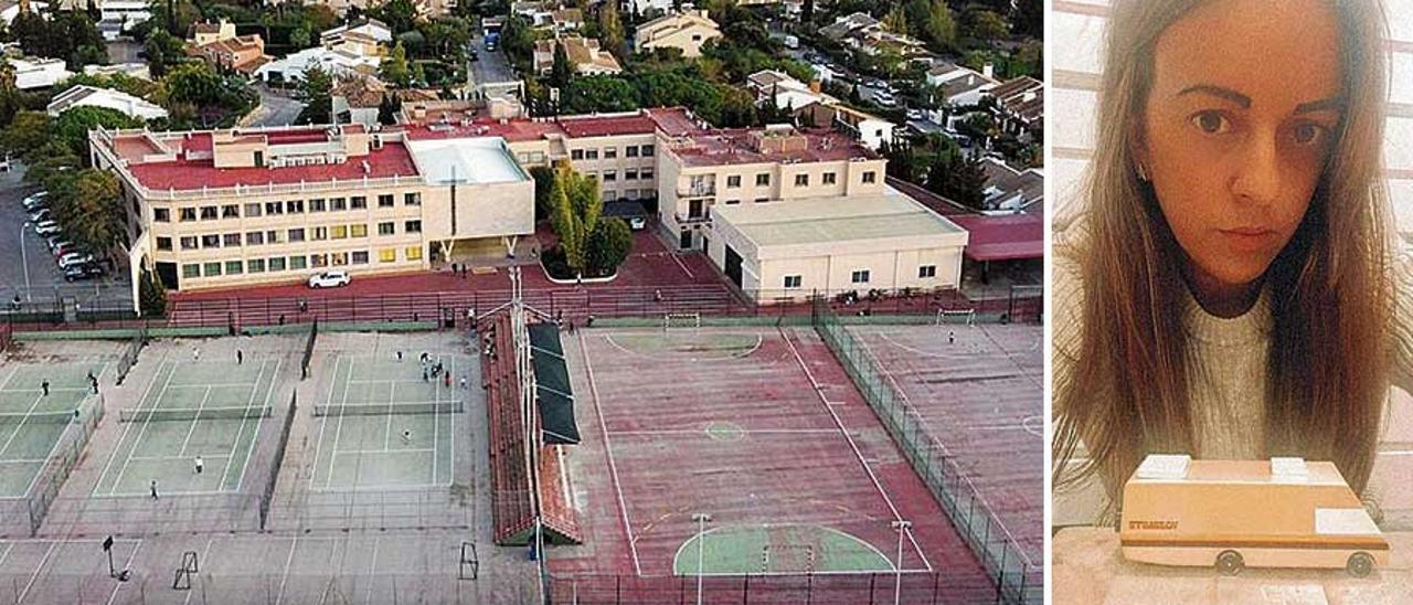 Vista aérea del colegio La Purísima, en Palma. A la derecha, Sara Viñas, creadora de la iniciativa.